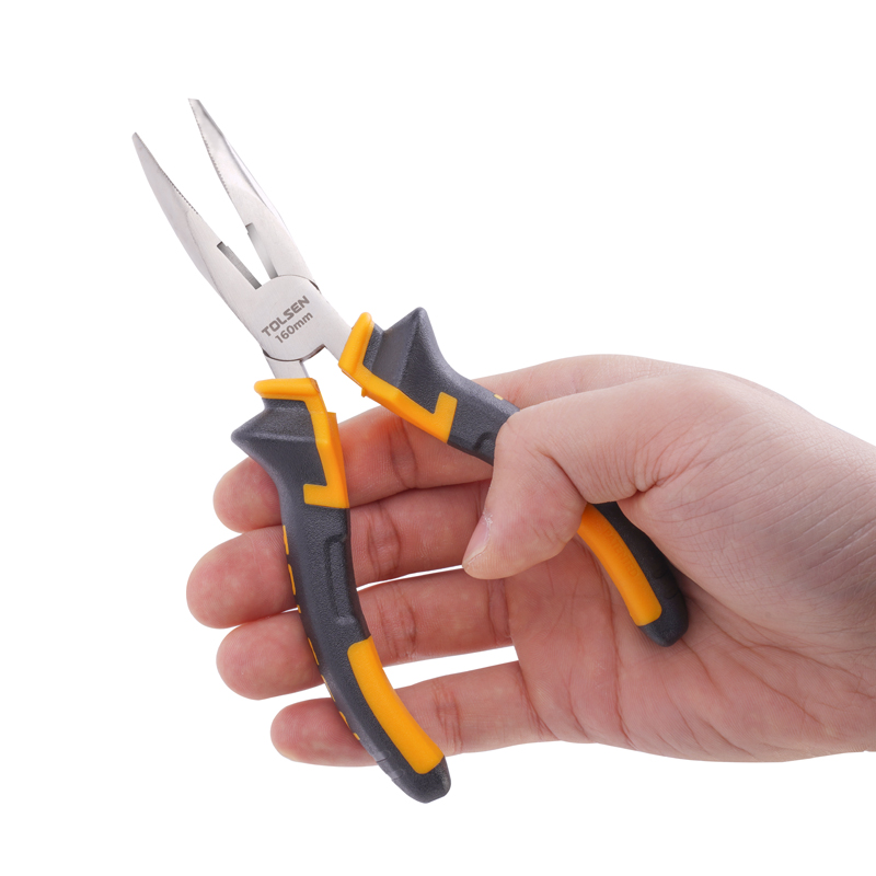 A hand holding a pair of Tolsen 160mm bent nose pliers