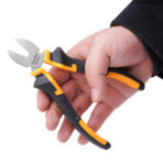 A hand holding a pair of Tolsen 160mm diagonal cutting pliers