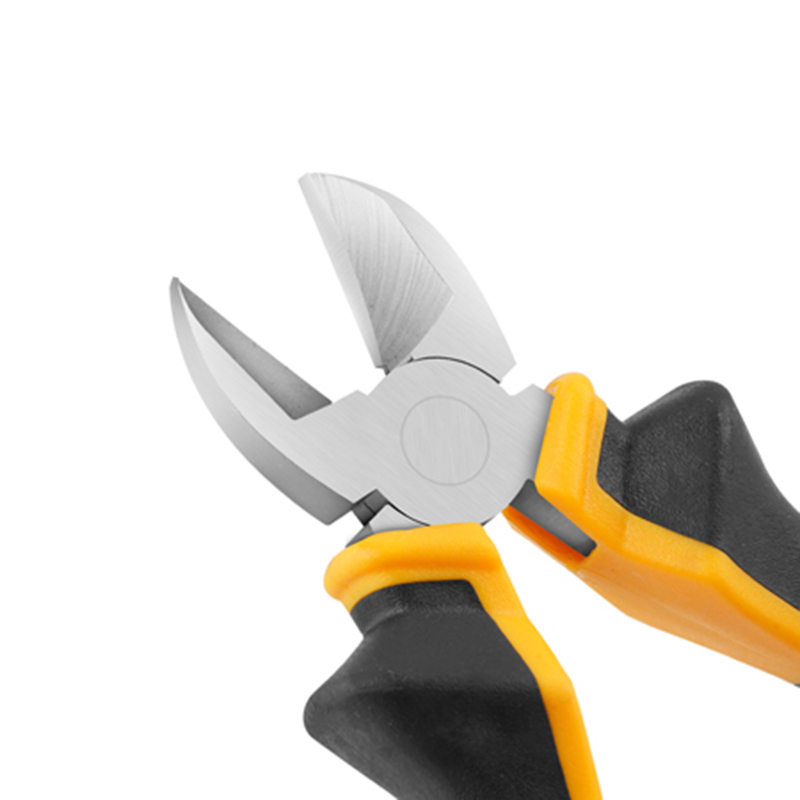 Close-up image of a pair of diagonal cutting pliers, showing the sharp cutting edges