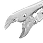 Close-up of Tolsen 10 inch locking pliers jaws, showing serrated teeth and Cr-V marking