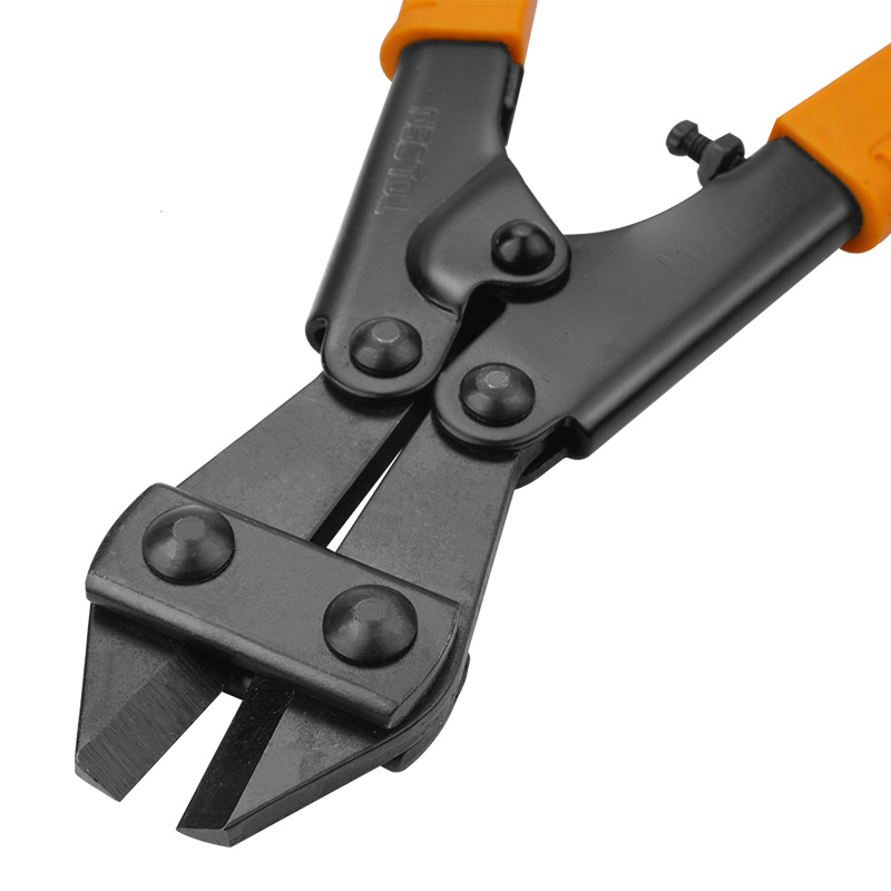 Close-up of Tolsen 8 inch mini bolt cutter jaws, showing hardened steel cutting edges and Tolsen logo