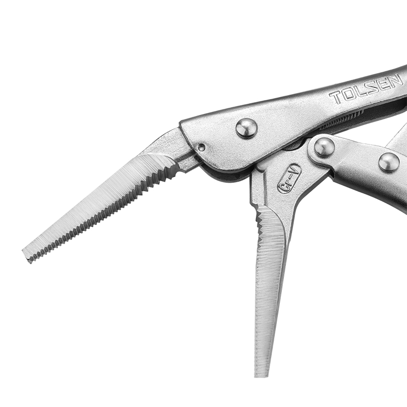 Close-up of Tolsen 9 inch locking pliers jaws, showing serrated teeth and Cr-V marking