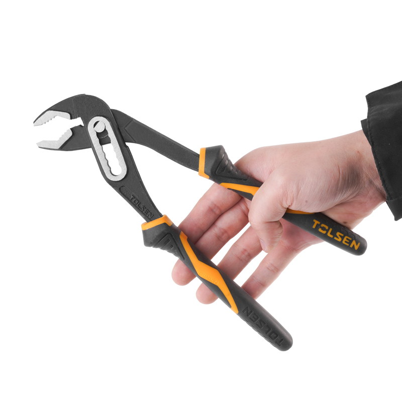 Close-up of hand holding Tolsen 10-inch water pump pliers