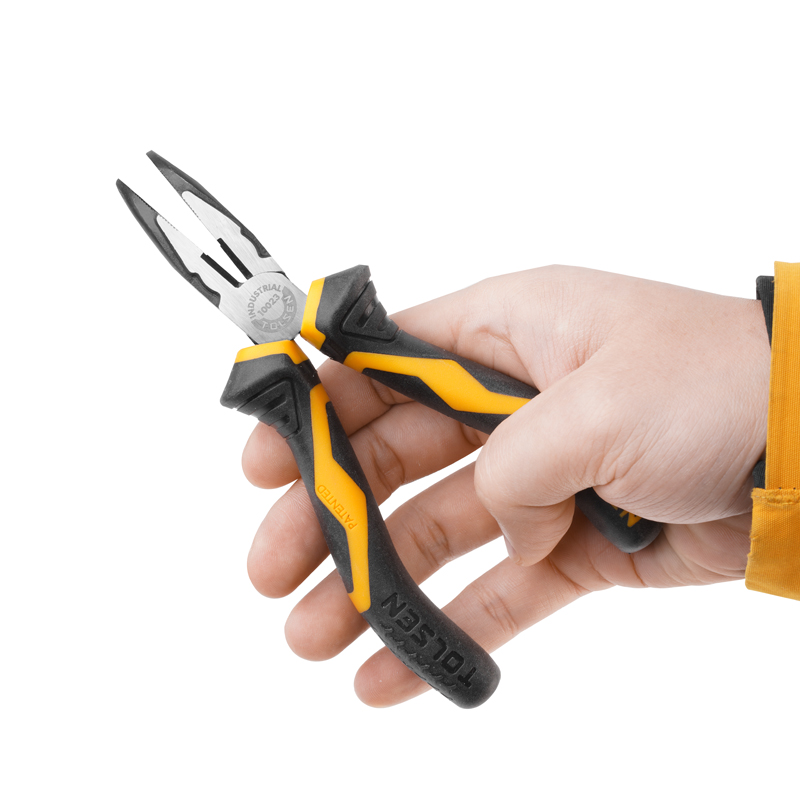 Close-up of hand holding Tolsen 6-inch bent nose pliers