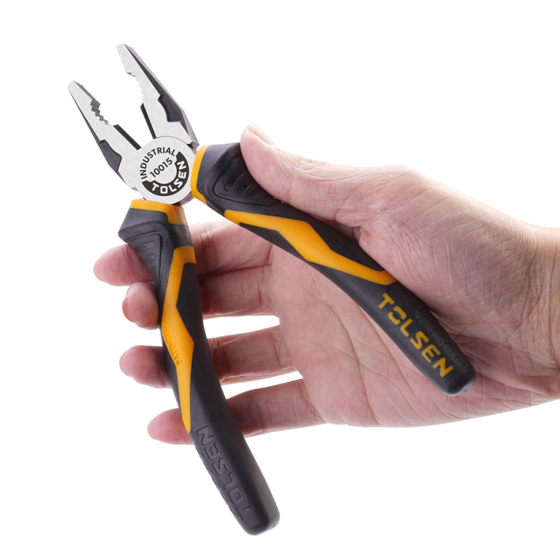 Close-up of hand holding Tolsen 6-inch combination pliers