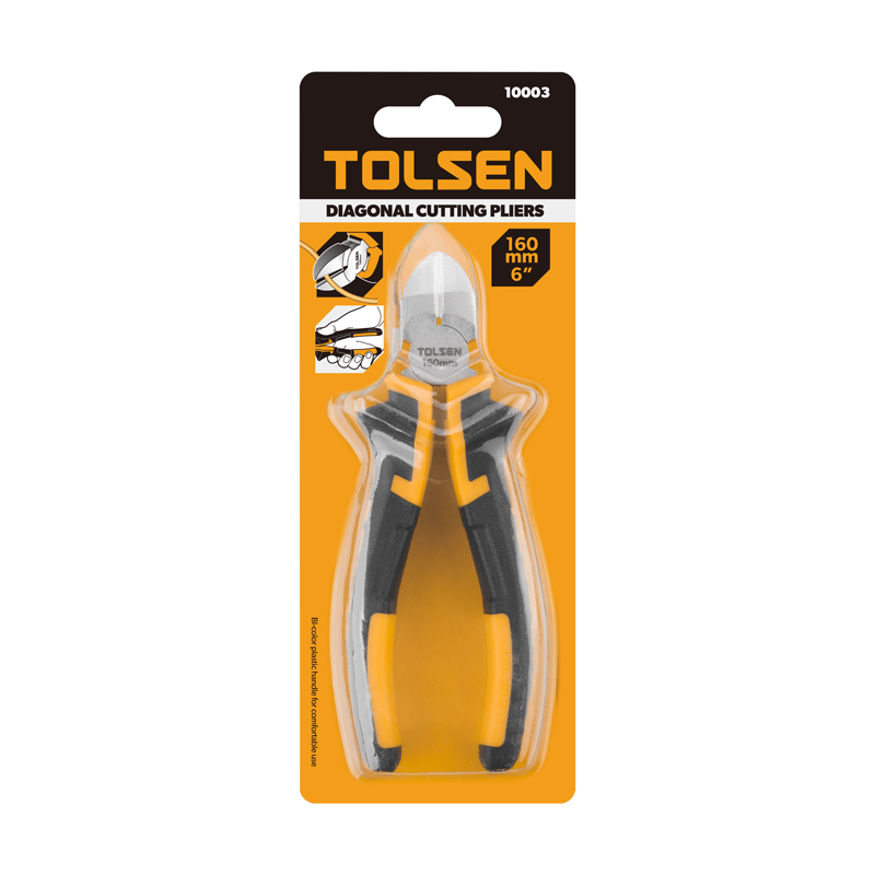 Tolsen 160mm diagonal cutting pliers, packaged in a clear blister card with a yellow and black background