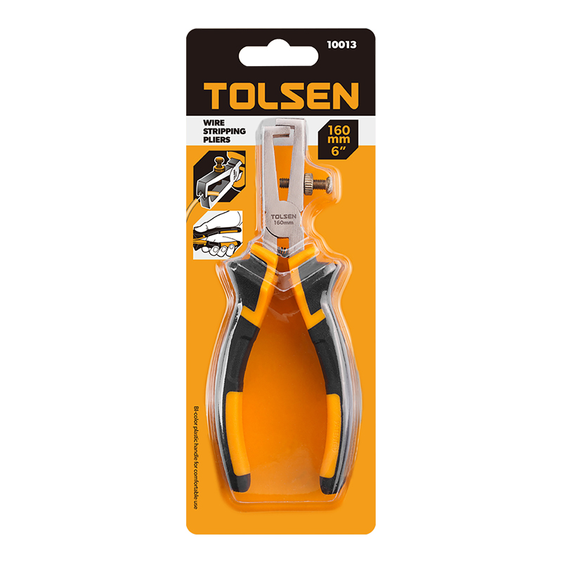 Tolsen 160mm wire stripping pliers in clear plastic packaging