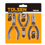 Tolsen 3pcs mini pliers set in retail packaging, showing mini diagonal cutting, combination, and long nose pliers