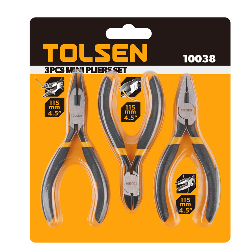 Tolsen 3pcs mini pliers set in retail packaging, showing mini diagonal cutting, combination, and long nose pliers