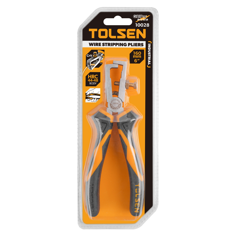 Tolsen 6-inch industrial wire stripping pliers in clear plastic packaging