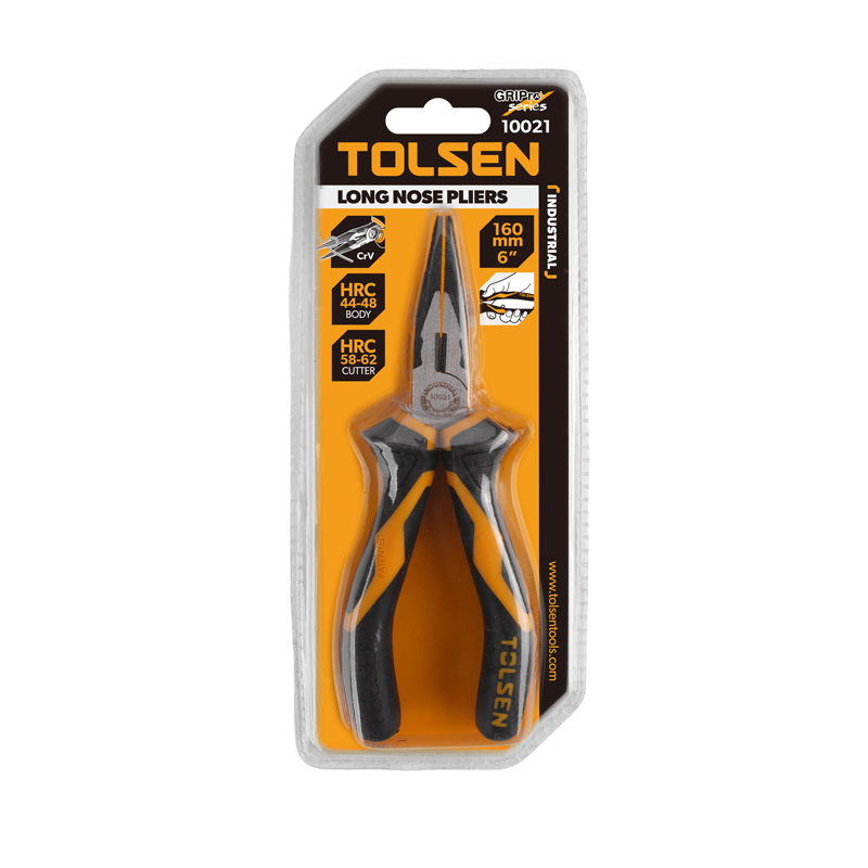 Tolsen 6-inch long nose pliers in clear plastic packaging