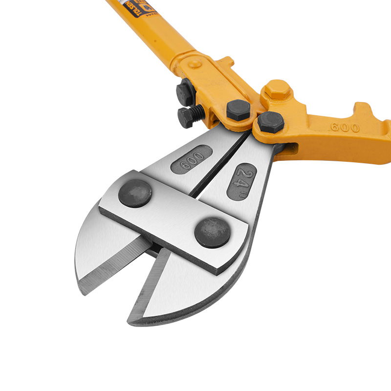 Close-up of Tolsen 24 inch bolt cutter jaws, showing hardened steel cutting edges