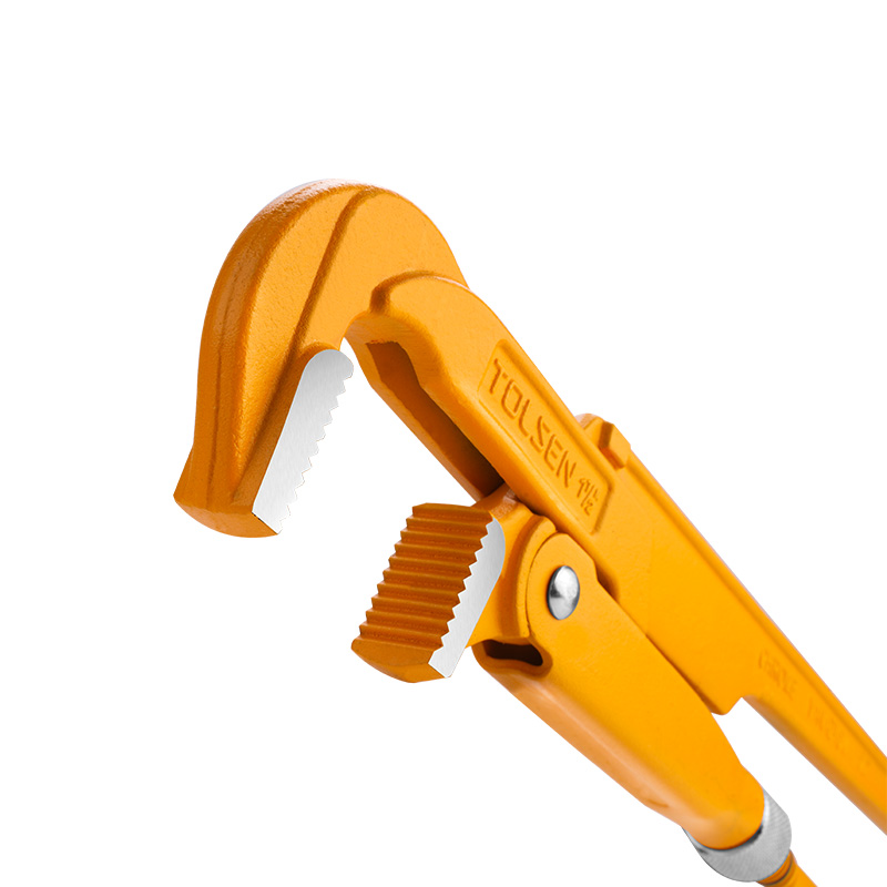 Close-up of Tolsen 90 degree bent nose pipe wrench jaws, showing serrated teeth