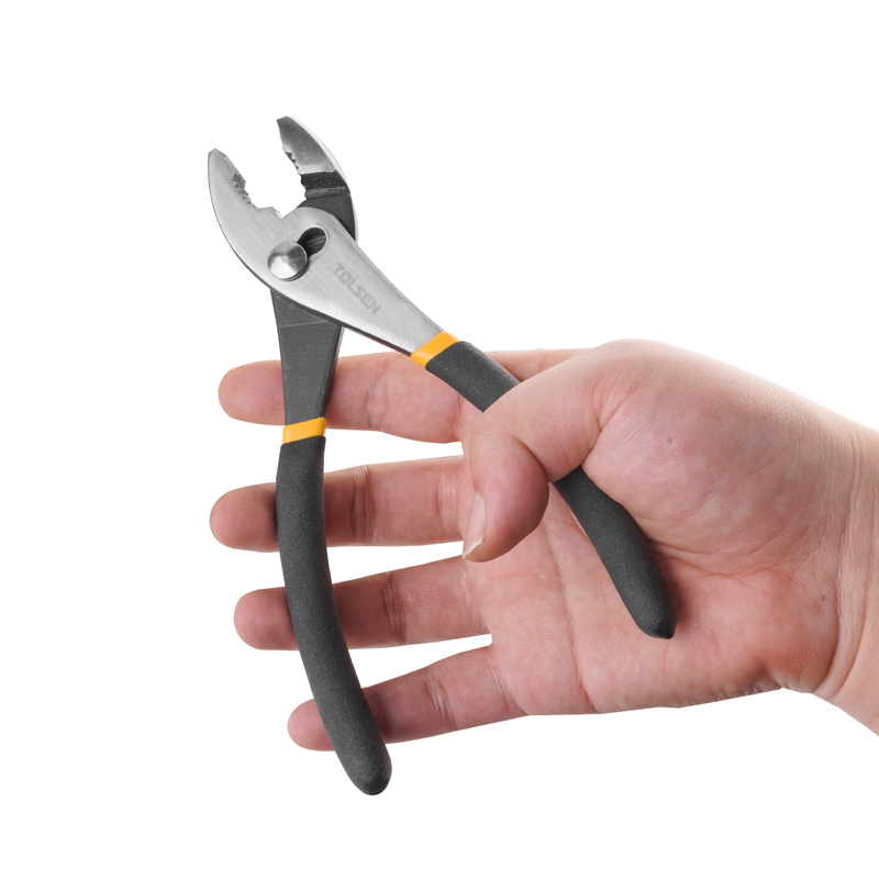 Close-up of hand holding Tolsen 8 inch slip joint pliers