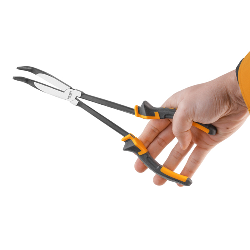 Close-up of hand holding Tolsen 11 inch 90-degree long reach pliers