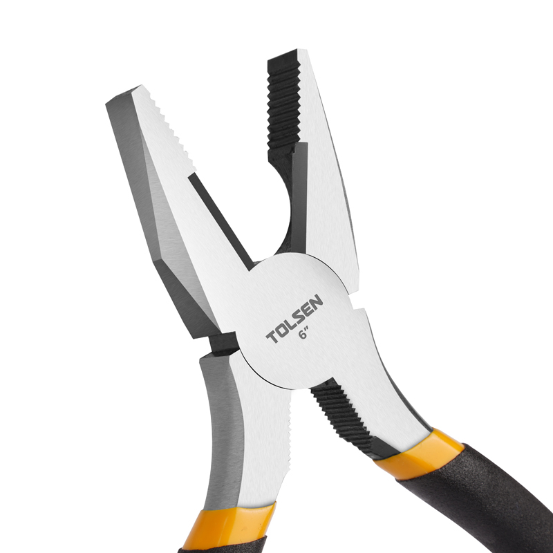 Close-up of Tolsen 6 inch combination pliers jaws, showing steel jaws and serrated teeth