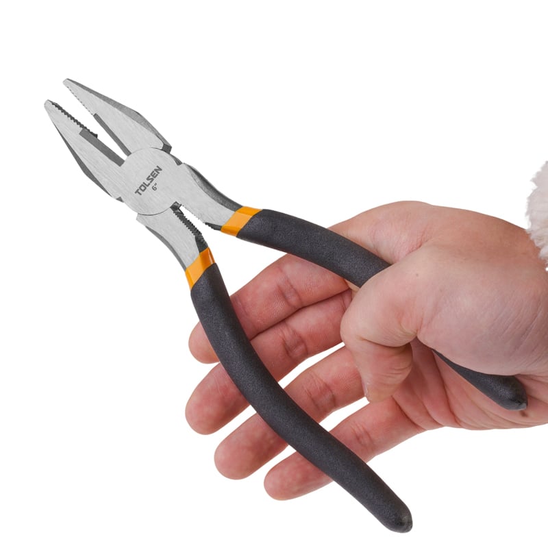 Close-up of hand holding Tolsen 6 inch combination pliers