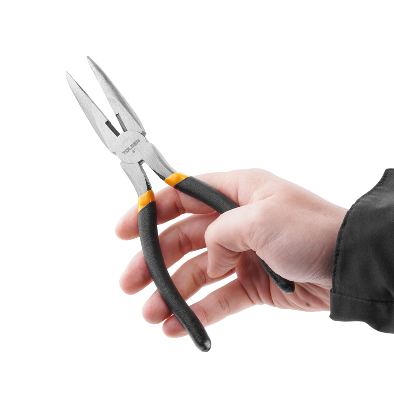 Close-up of hand holding Tolsen 8 inch bent nose pliers