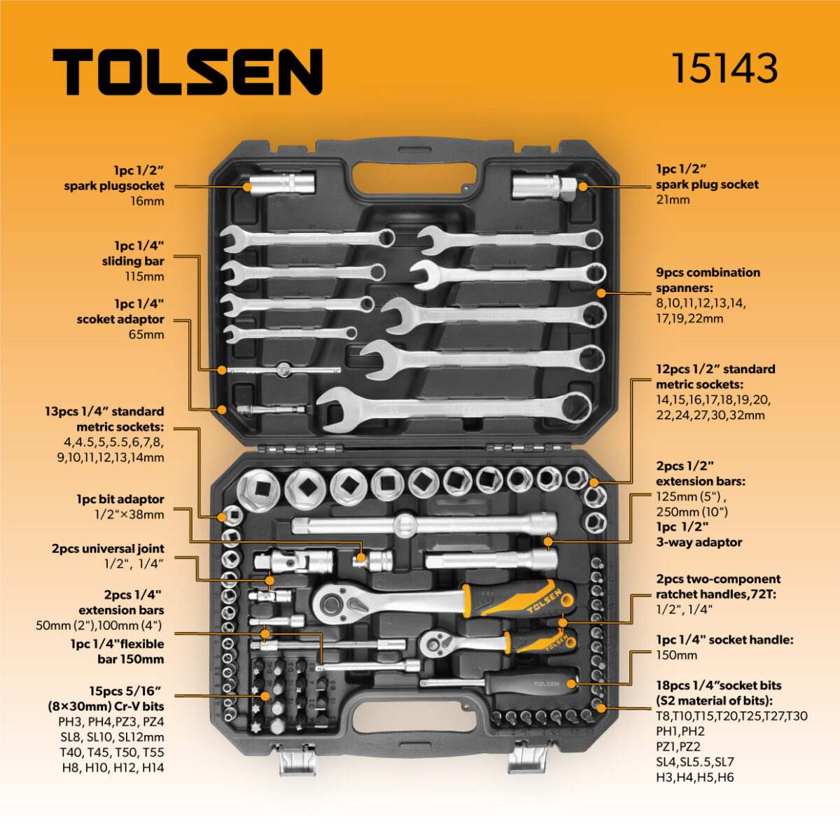 The contains in TOLSEN 82Pcs Socket Set